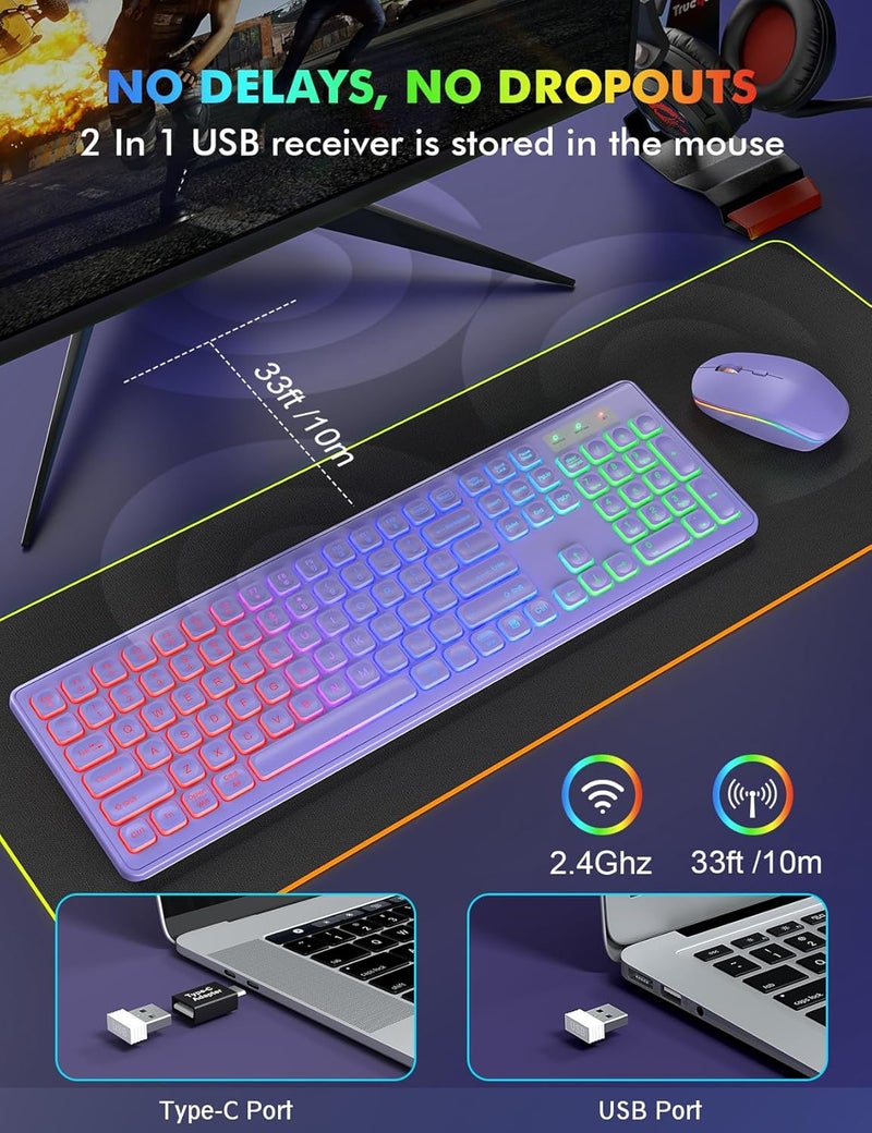 Trueque Wireless Keyboard and Mouse Combo, RGB Backlit, Rechargeable & Light Up Letters, Full-Size, Soft Typing, Sleep Mode, 2.4GHz Quiet Keyboard Set for Mac, Windows, Laptop, PC, (Purple) - Image 4